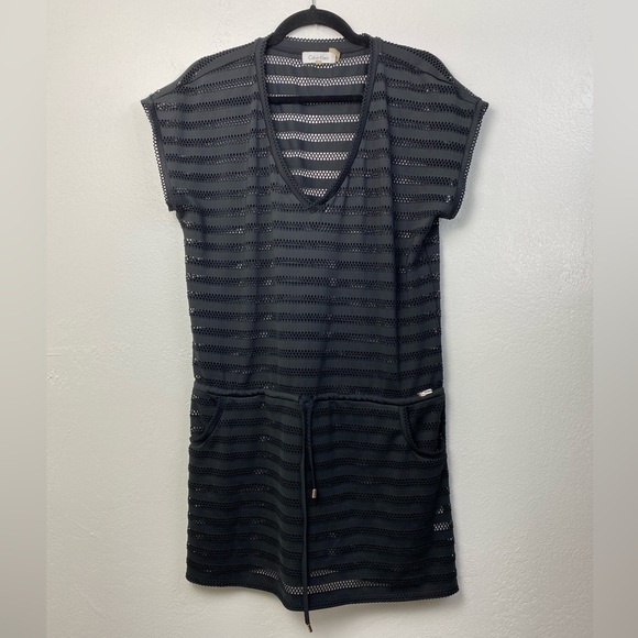 Calvin Klein Black Open Knit Swim Cover up Short Sleeve Dress size Small/ Medium - Picture 1 of 13